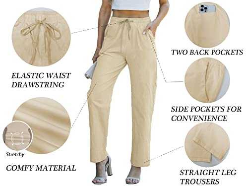 Hvepuo Teen Girls High Waisted Long Slacks Elastic Waist Beige Pants Drawstring Casual Loose Trousers With Pockets Straight Leg Cotton Pants For Juniors Beige S #TOP1
