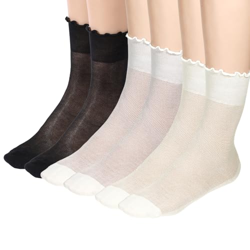 3 Pairs Ankle Ruffle Socks for Women, Cotton Soft Frilly Socks Women Breathable Ruffle Turn-Cuff Casual Sock for Womens