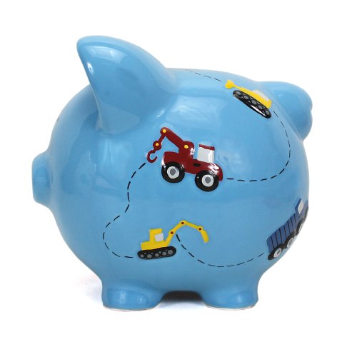 Child To Cherish Ceramic Piggy Bank For Boys, Construction Trucks, Blue #TOP2