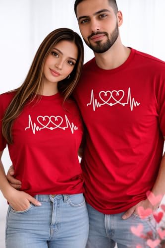 Image of Matching Couple T Shirt for Men & Women | Heartbeat Printed Cotton Couple T-Shirt | Round Neck Half Sleeve Regular Fit | Valentine's Day, Pack of 2 | Red