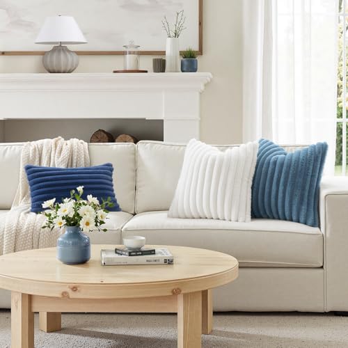Image of MIULEE Faux Fur Decorative Throw Pillow Covers 24x24 Set of 2 Grey Blue | Coastal Modern Art Spring Home Decor Soft Plush Couch Pillows Cozy Fluffy Cushion Covers for Sofa Bed Living Room