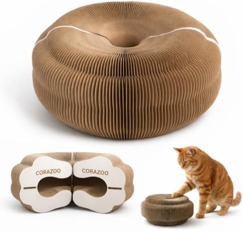 CORAZOO Rascador de Cartón para Gatos 2 Piezas, Rascador Circular Plegable con Cierre Magnético, Cartón Corrugado Doble Grosor, Zona de Descanso y Actividad para Gatos de Interior