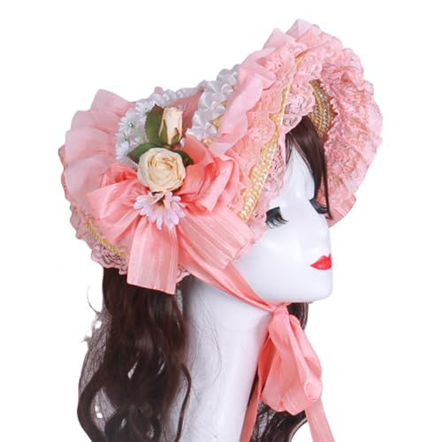 Bonnet de paille victorien femme dentelle fleur rose pour cocktail