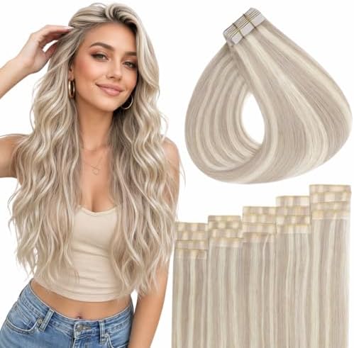 Full Shine Genius Tape In Hair Extensions, Ash Blonde 14 Inch | 40G 20Pcs, Hand Tied Tape Weft, Double Sided Skin Weft, Real Human Hair, Office Styling