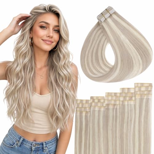 Image of Full Shine Hand Tied Tape in Hair Extensions,Real Human Hair,Color 18 /613 Ash Blonde Highlights,40g 20Pcs 14 Inch,Double Sided Invisible Skin Weft Hair Extensions,Office Friendly