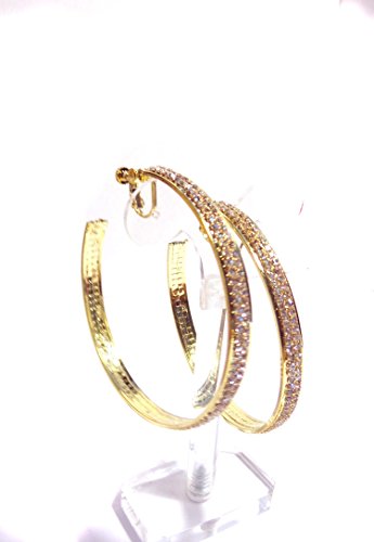 Clip-on Earrings Gold Tone Double Crystal Hoop Earrings 3 Inch Clip Hoop Earrings for Non Pierced Ears3