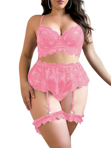 Image of Verdusa Women's Plus Size 4 Piece Lingerie Set Floral Lace Sheer Bralettes and Thong with Garter Belt