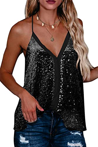Beyove Women's Sparkly Sequin Tank Top V Neck Sleeveless Blouse Shirt Glitter Club Cami Top For Party, Black Large #TOP26