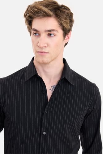 Image of SNITCH Luxe Men Formal Shirt | Slim Fit Full Sleeve Spread Collar Pinstripe Design | Breathable Viscose Blend & Stretch Fabric for Office Wear & Business Meetings