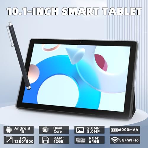 Image of 2 in 1 Android Tablet 10 Inch with Tablet Case and Stylus Pen Android 15 Tablet 5G WiFi-6 1280 x 800 Full HD IPS Display 6000mAh 64GB ROM + 12GB RAM (4+8 Virtal) 1024GB