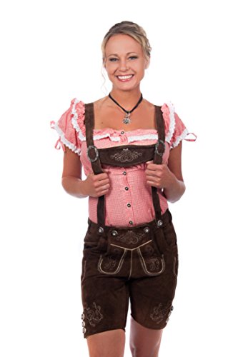 Kurze Damen Trachten Lederhose braun aus feinstem Rindsveloursleder , Dunkelbraun, 38
