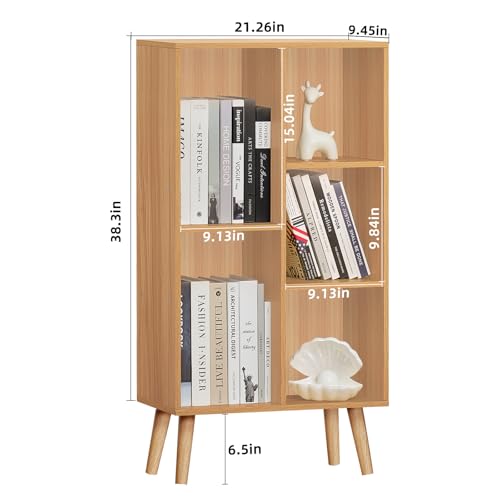LEYAOYAO Wooden 5 Cube Bookshelf, Natural 3 Tier Book Shelf with Legs, Modern Open Storage Organizer,Boho Bookcase,Display Cabinet Shelf Free Standing Bookshelves for Bedroom,Living Room,Study