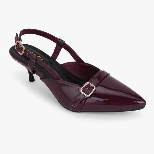 Image of Women's Pointed Toe Kitten Heels, Elegant Glossy Patent Leather Slingback Pumps with Adjustable Buckle Strap, 2-Inch Pencil Heel Sandals