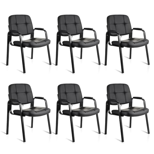 CLATINA Leather Office Guest Waiting Room Chair Sets of 6, Reception Chair No Wheels with Armrests and Lumber Support, Stationary Desk Armchair for Meeting Conference Lobby Shool Study, Black