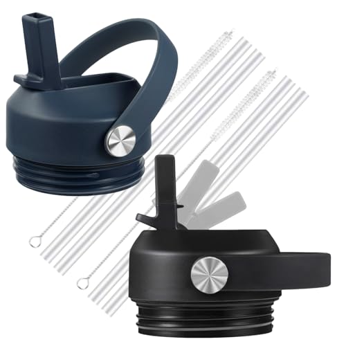 Straw Lid Set for Yeti Rambler 26 36 46 64 oz, Flex Handle Screw Top, Replacement Cap for Yeti Kids Jr 12 18 Ounce Water Bottle Accessories, Leak-proof and Dishwasher Safe (Black+Navy - 2 Pack)