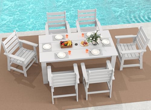 Image of GREENVINES 7-Piece Outdoor Dining Set | HDPE | Patio Table and Chairs Sets for 6 | Patio Furniture | All Weather | Umbrella Hole | White | for Backyard Poolside Garden