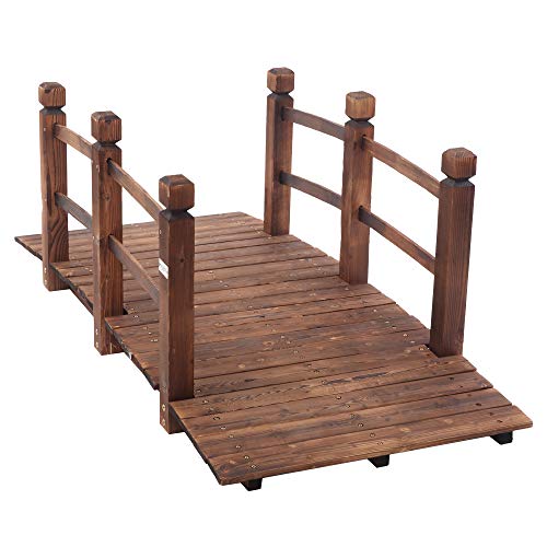 image for VINGLI 5 ft Garden Bridge, Classic Wooden Arch with Safety Rails Stain