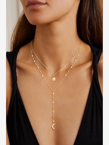 Image of CHESKY Long Necklaces for Women, 14k Gold Plated /Streling Silver Lariat Necklace Dainty Statement Prom Necklace Rosary Cross Sun Drop Pendant Dangle Necklace Gold Prom Jewelry for Women Gifts