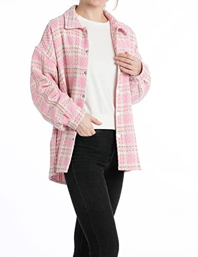Tikwek Women's Casual Jacket Button Down Blouse Loose Fit Long Sleeve Tops Plaid Jacket With Pockets(Pink Xs) #TOP2
