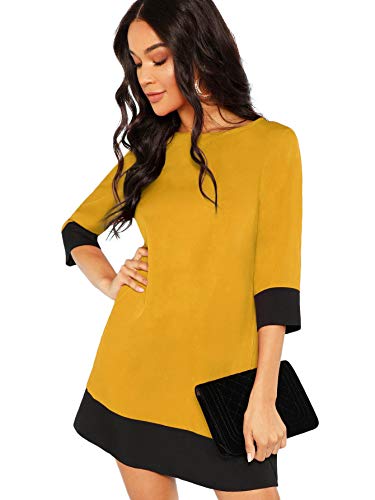 Floerns Women s 3 4 Sleeve Color Block Shift Tunic Dress Yellow R L