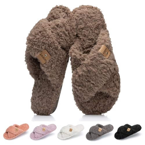 Image of GOEWY Fuzzy Open Toe Slippers for Women Cozy Memory Foam House Shoes Indoor | Cute Cross Band,Soft Faux Fur,Anti-slip Sole Outdoor,Machine-washable,Lightweight,Slip on Gifts for Women,Mom and Bridesmaid