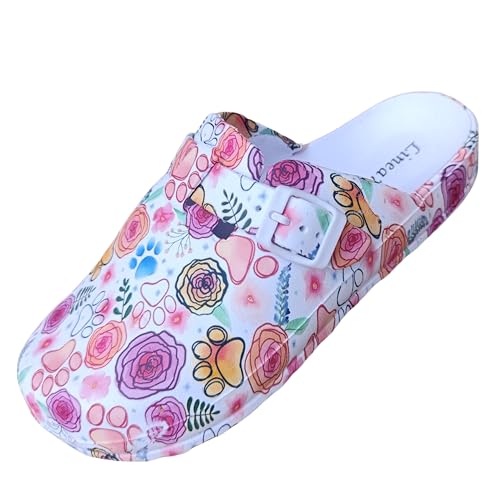 Linea Zuecos Comfort de Trabajo y Ocio Comodidad en Cualquier Ocasión Hospital Hogar Cocina e Jardín (Blanco con Flores Rosas., Sistema Tallas Calzado EU, Adulto, Mujer, Números, Mediano, 40)