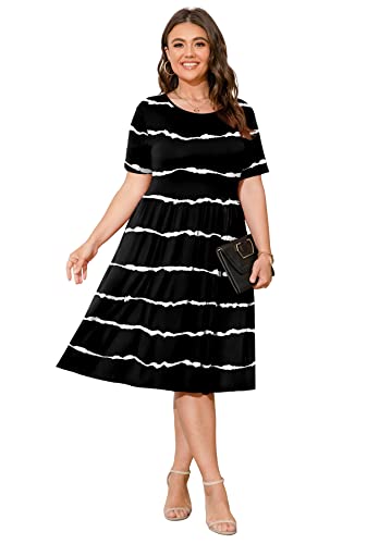 Image of POSESHE Womens Plus Size Summer Dress 2026 Casual Short Sleeve Empire Waist Loose Fit Swing T-Shirt Dress with Pockets