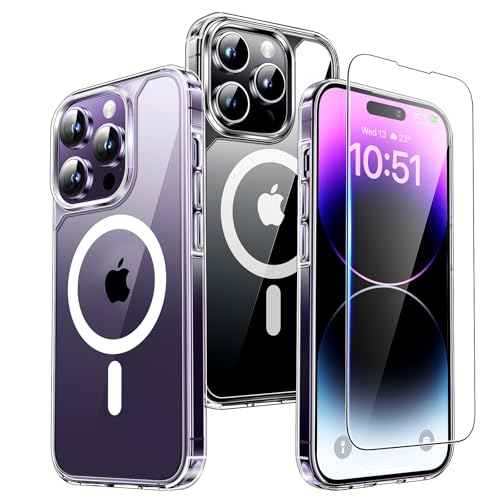 TAURI 2 in 1 for iPhone 14 Pro Max Case, Compatible with MagSafe [Not-Yellowing] with Screen Protector, Military-Grade Protection, Magnetic Case for iPhone 14 Pro Max 6.7", Clear