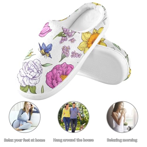JUNZAN Flowers Daffodils Peonies Butterflies White Womens Cotton House Slippers Breathable Memory Foam Foam Slippers for Spa Funny Presents 6-73