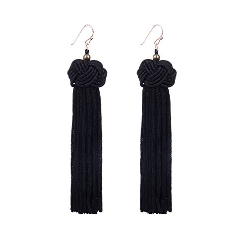 Knotted Tassel Earrings Long Tassel Fringe Earrings Yarn Tassel Earrings Black