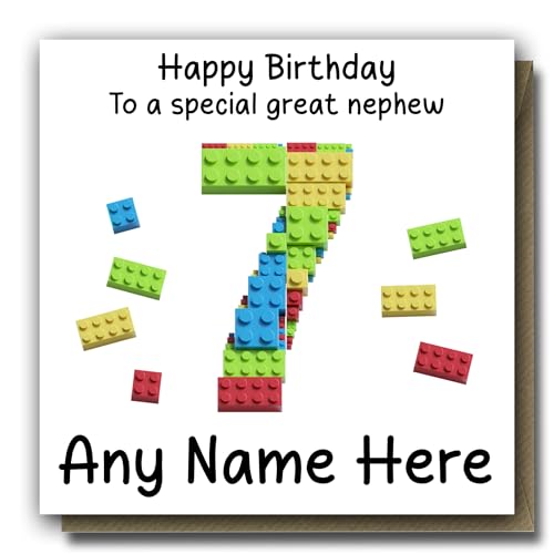Personalised 7th Building Blocks Boys Birthday Card - Unique construction bricks customized greeting card for your 7 year old Great Nephew - Add any name!