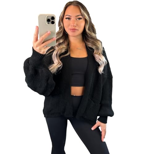 Image of eyes Black Women's Ladies Oversized Long Cardigan Balloon Sleeve Baggy Boyfriend Chunky Ribbed Open Knitted Maxi Pocket Warm Casual Plain Winter Jumper Sweater Top UK 6-18