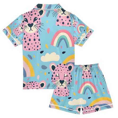 senya Leopard and Rainbow Satin Summer Pajama Sets Silk Short Sleeve Button Down Sleepwear2
