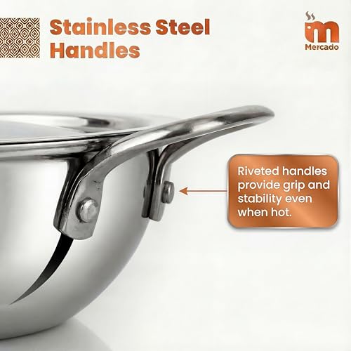 Image of Mercado Triply Stainless Steel Kadhai 28 cm (4.5L) with Lid | SS304 Food Grade | Even Heat Distribution | Deep Frying & Cooking | Induction & Gas Compatible I 5 Years Warranty