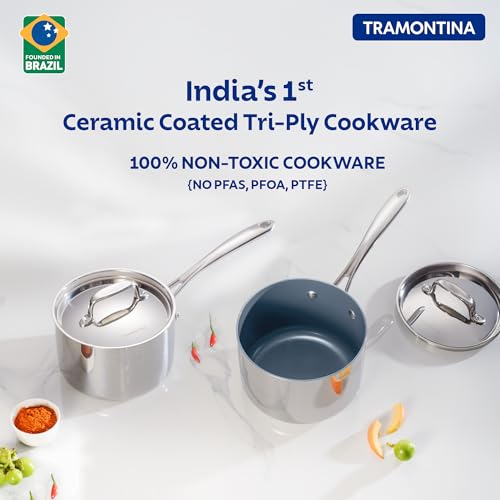Image of TRAMONTINA Fusao Healthy Triply Ceramic 16cm / 2.1L Sauce Pan EX+ with SS 304 lid | Non Toxic (PFAS /PTFE /PFOA Free) Milk Pan | Stay Cool Handle I 10 Year Warranty | Polished, 2.1 Liter, Silver