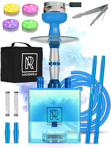 Royal Blue Hookah 2 Hose Hookah Set with Travel Case - YADO Square Hookah To Go - Cube Acrylic Hookah with Big Silicone Bowl for Smoking Coal Tongs Amazing Led Light Remote