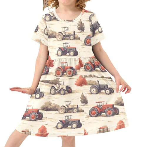 Pigsaly Girls Short Sleeve Dress Vintage Red Tractors Cars Girls Summer Dress Playwear Dresses 2T3