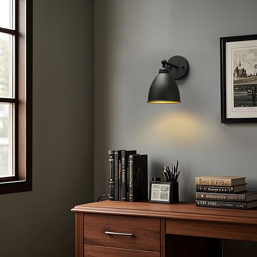 Image of Phansthy Industrial Hardwire Wall Sconce Vintage Farmhouse Wall Light Fixture, Right-Angled Wall Lights with Rustic Metal Lampshade for Bedroom, Living Room, Reading, Kitchen (Black, 2 Pack)