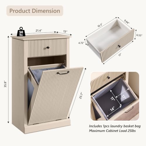 Image of IFBUY Tilt Out Laundry Hamper Cabinet, Modern Trash Can Cabinet, Cream