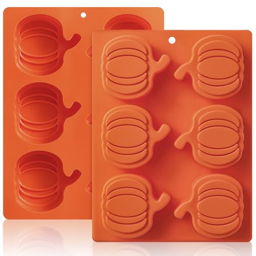 Image of HKNMTT Pumpkin Silicone Molds 2 Pack 6 Cavity Halloween Mold Set for Fall Chocolate Candy Soap Wax Melts Jello Cake Pop Apple Cider Baking Tray Thanksgiving 3D Food Grade Spooky Treats