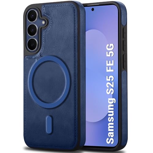 Image of TheGiftKart Genuine Leather Finish Back Cover Case for Samsung Galaxy S25 FE 5G | Raised Edges for Camera & Screen Protection | Shockproof Stunning Minimalist Design Cover (MagSafe Compatible, Blue)