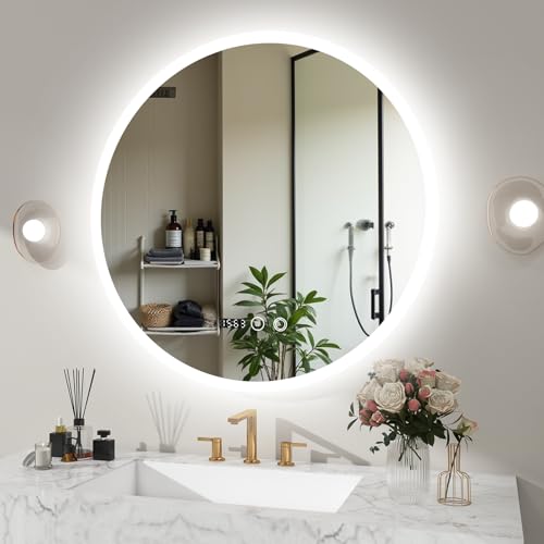 YU YUSING Espejo de Baño Redondo 70x70 cm LED, 3 Colores de Luz Ajustable, Espejo de Pared con Interruptor Táctil, Antivaho, Dimmable, Indicación de Hora IP44, Moderno