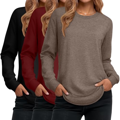 Ficerd 3 Pack Women's Long Sleeve Shirts, Cotton Crew Neck Tunic Tops Casual Loose Fit Pullover Sweatshirts Curved Hem Shirts(Black, Dark Red, Brown,Small)
