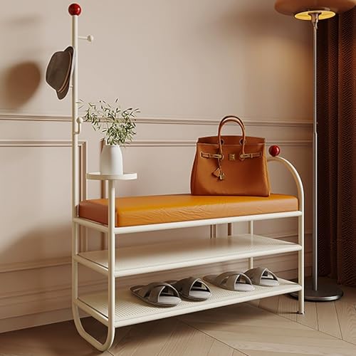 コートラック付きシューズラックベンチ、金属製玄関シューズベンチ、ホールツリー、シューズ収納ベンチ、ハンギングロッド付き、寝室、リビングルーム用(Beige,80cm/31.5inch)