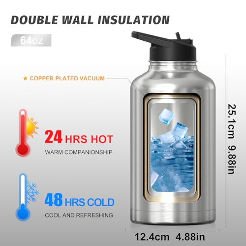 Image of 64oz Insulated Water Bottle (Cold for 48 Hrs),BPA Free&Leak Proof,Half Gallon Stainless Steel Water Flask,Water Jug with Straw Spout Lids for Gym,Hiking,Camping,Stainless