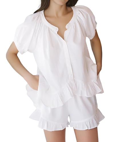 Image of Womens Fashion Summer Short Sets Short Sleeve Button Down Ruffle Trim Top and Shorts Cotton Pajama Sets
