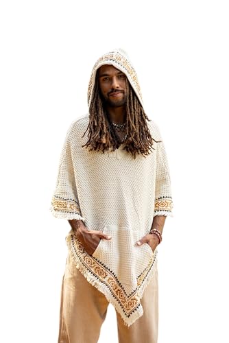 AJJAYA VECHO Poncho Beige Mens Hooded Vegan Textured Cotton with Hood Block Printed Tribal Pattern Gypsy Festival Boho ritual