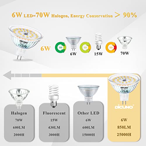 Dicuno 6W Mr16 Led Bulbs, 850Lm 70W Halogen Equivalent, Gu5.3 Bi-Pin Base Light Bulb 4000K Natural White, 12V Non-Dimmable 120 Degree Beam Angle, Replacement For Spotlight, Tracking Lighting, 6 Packs #TOP2