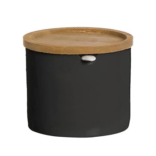 ROCKING GIFTS Azucarero de Cerámica Negro con Tapa de Bambú y Cuchara: Elegancia Natural para tu Mesa