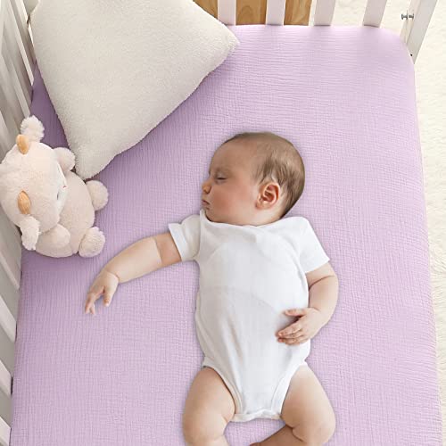 Image of Muslin Crib Sheets, 100% Cotton Soft Breathable Fitted Toddler Bed Sheet, 28 inchx 52 inchx 9 inch Standard Size Baby Mattress Cover for Girls & Boys, Purple